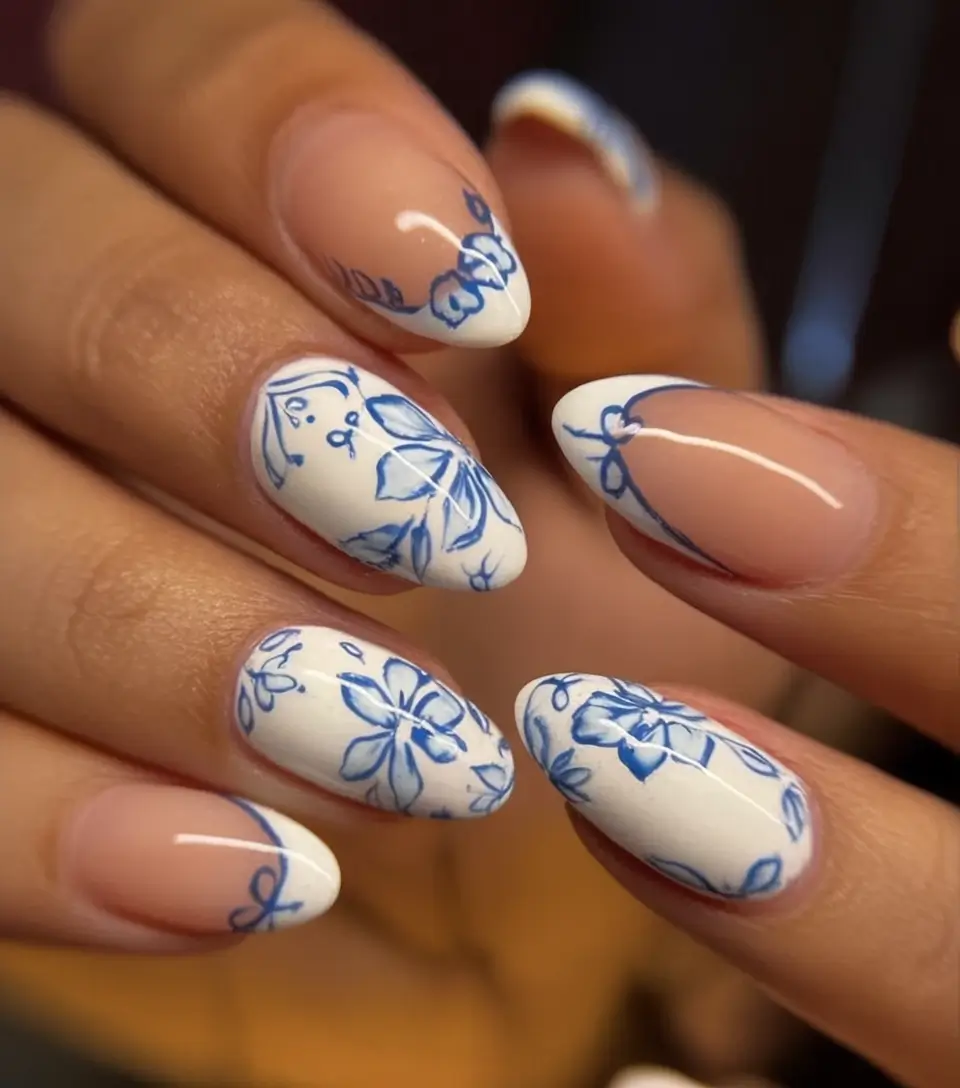 Cutest Summer Nails for 2025 Blue Floral Porcelain Elegance