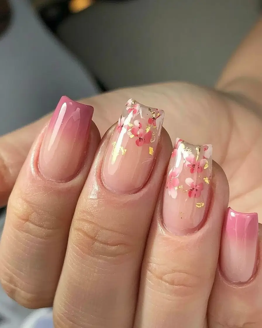 Cutest Summer Nails for 2025 Pink Blossom and Gold Leaf Fantasy