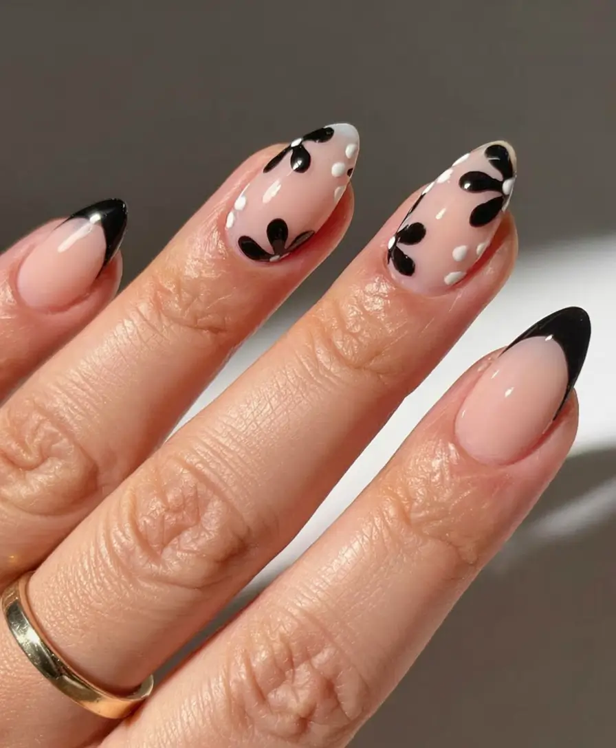 Cutest Summer Nails for 2025 Chic Black and White Petal Drama