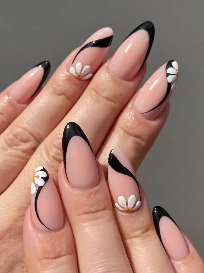 Cutest Summer Nails for 2025 Chic Contrast: Black Waves With Dainty Daisies