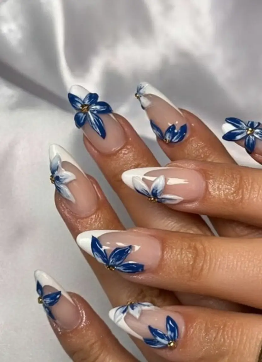 Cutest Summer Nails for 2025 Bold Florals: Blue And White Bloom Art