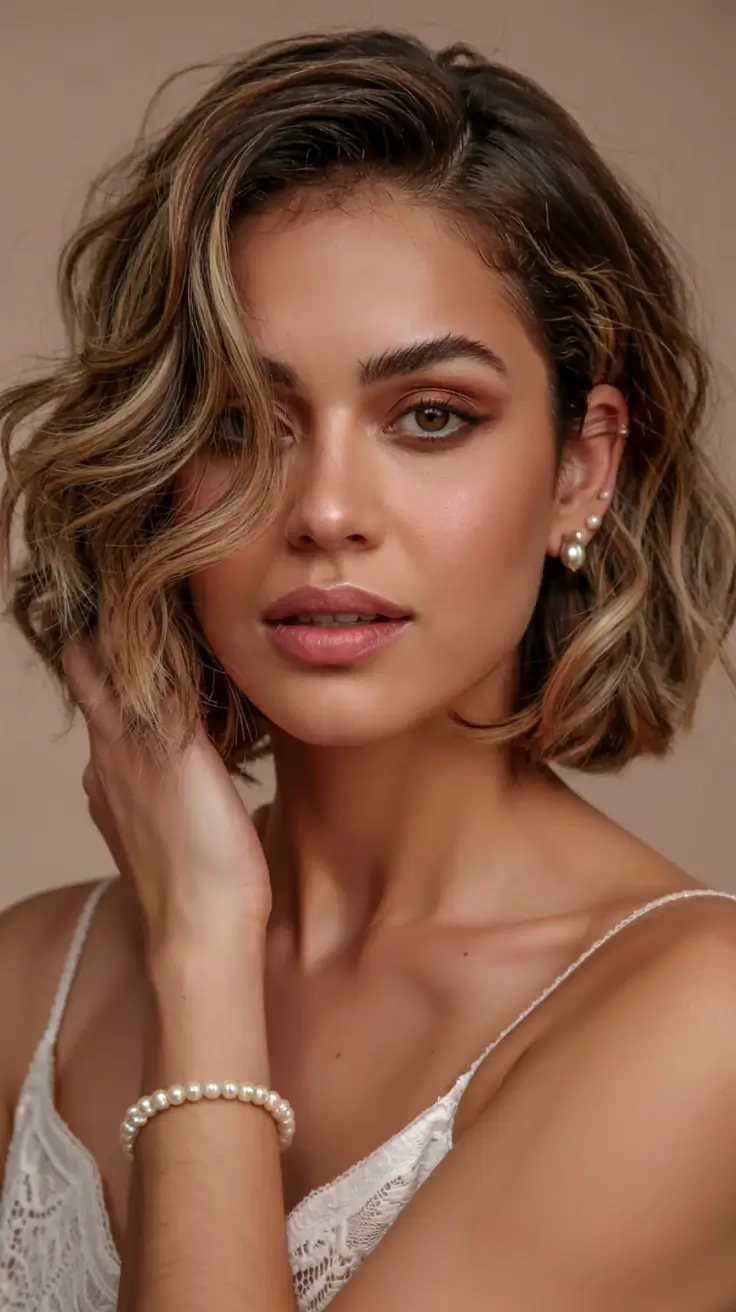 Easy Short Hairstyles for Summer 2025 – Chic Ideas Romantic Wavy Bob with Caramel Highlights