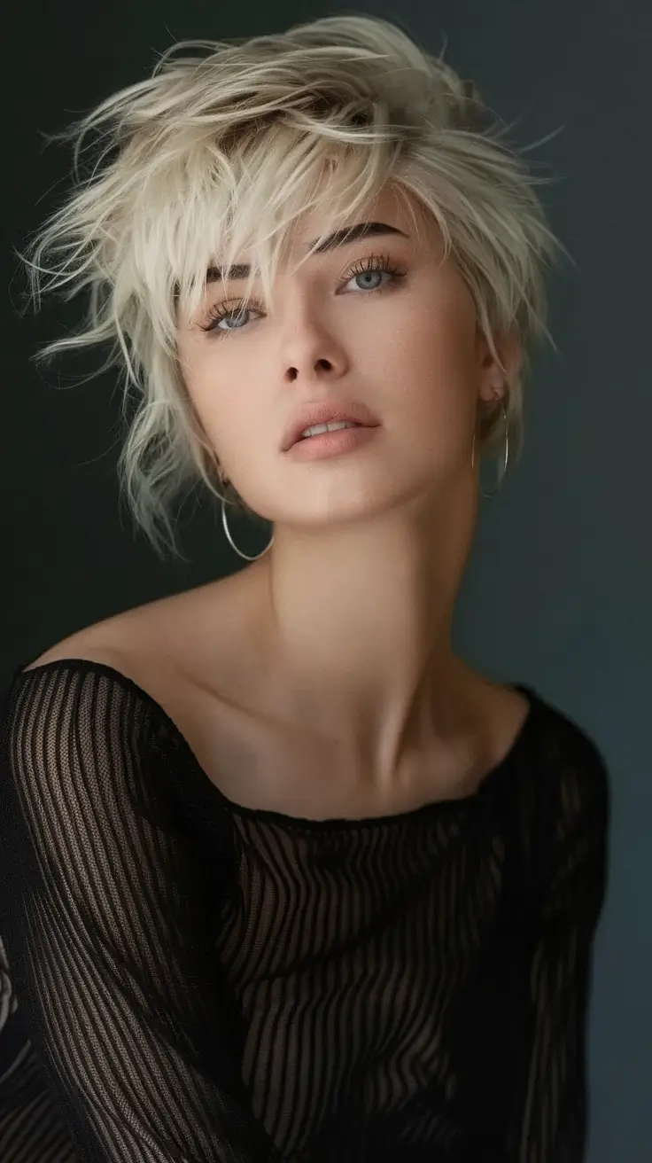 Easy Short Hairstyles for Summer 2025 – Chic Ideas Textured Platinum Pixie with Long Bangs