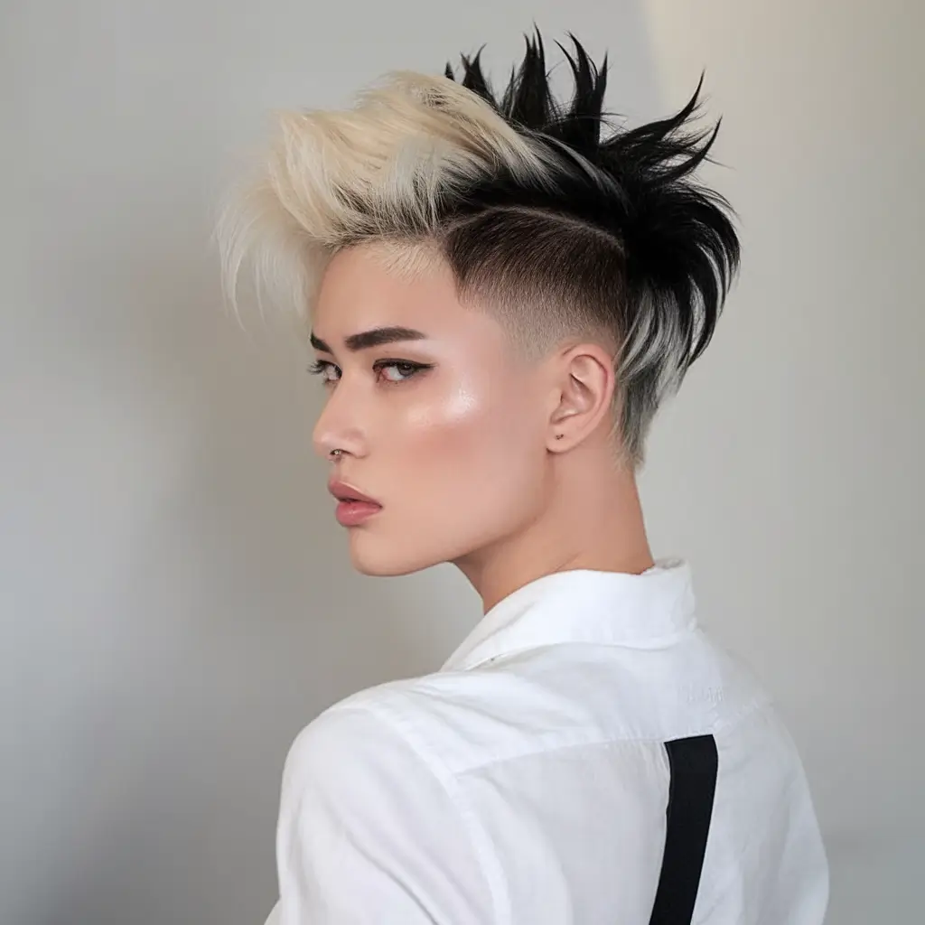 Easy Short Hairstyles for Summer 2025 – Chic Ideas Edgy Platinum-and-Black Mohawk Fade