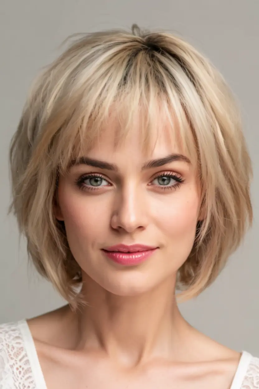 Easy Short Hairstyles for Summer 2025 – Chic Ideas Soft Blonde Shag with Feathered Bangs