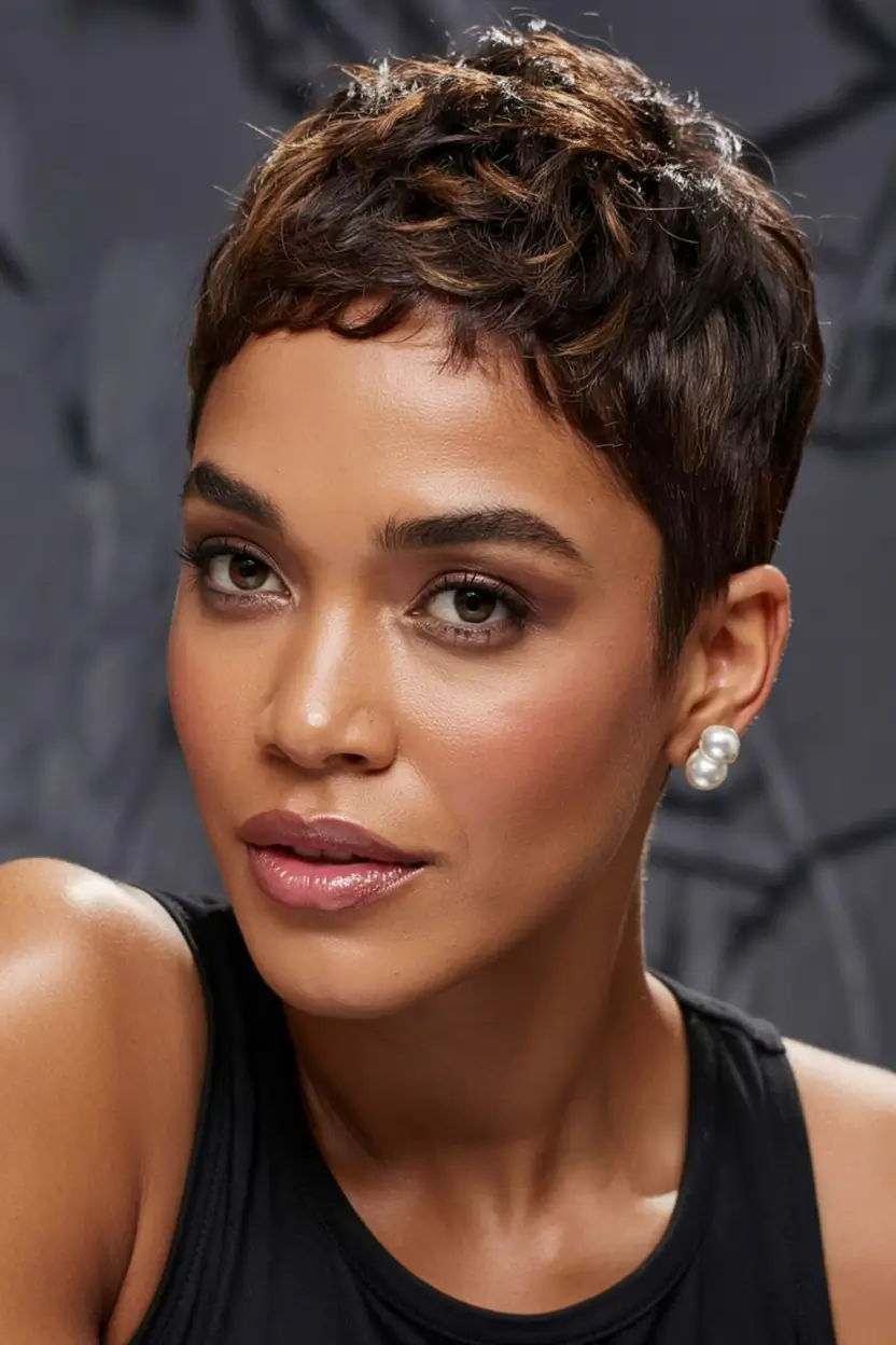 Easy Short Hairstyles for Summer 2025 - Chic Ideas Polished Brunette Pixie with Subtle Highlights