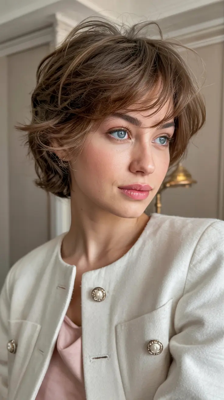 Easy Short Hairstyles for Summer 2025 - Chic Ideas Soft Chestnut Layers with Wispy Fringe