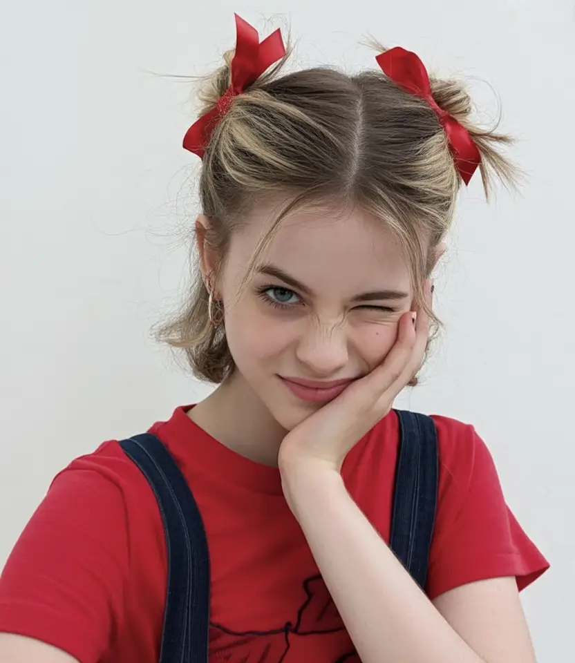 easy summer hairstyles 2025 Playful Pigtail Buns with Red Ribbons