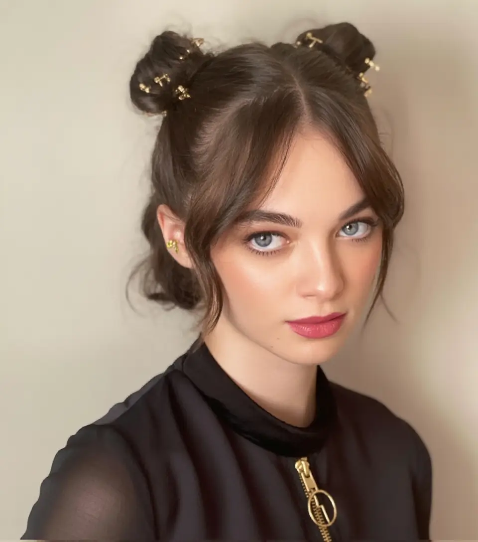 easy summer hairstyles 2025 Space Buns with Gold Details and Curtain Bangs