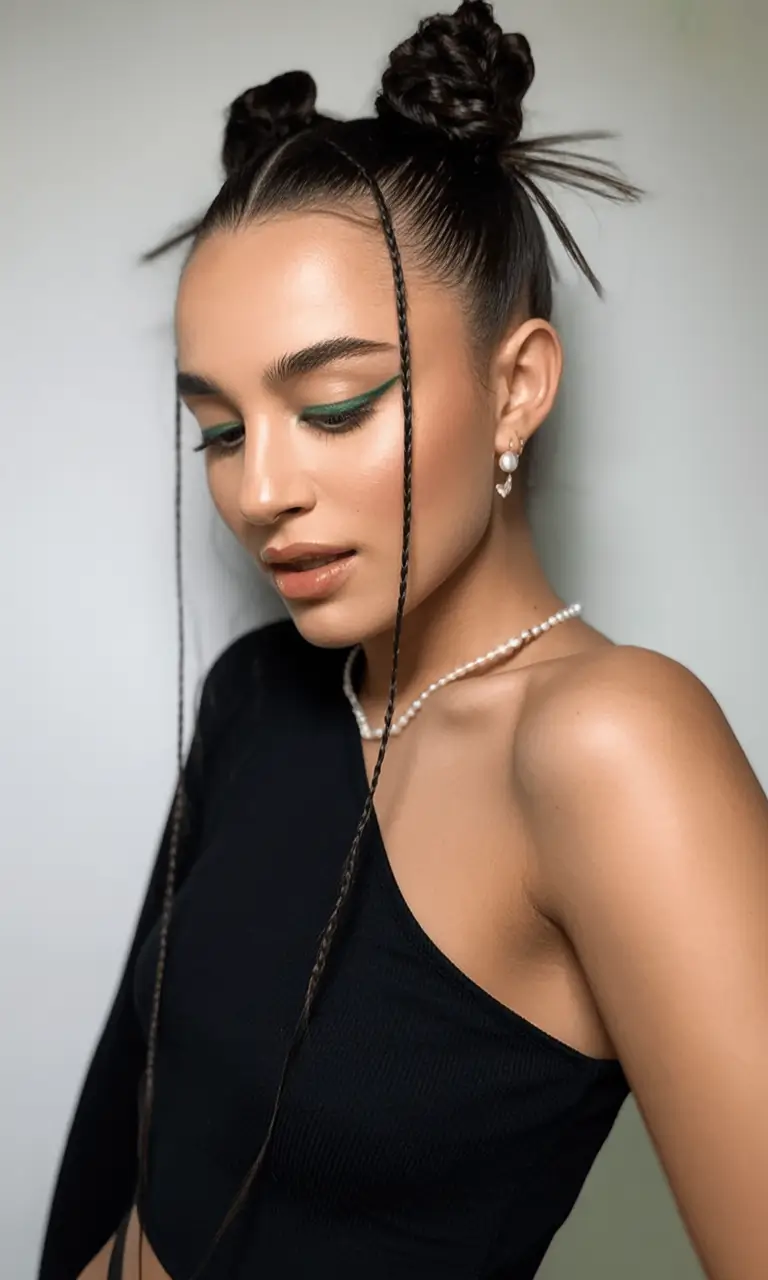 easy summer hairstyles 2025 High Braided Buns with Sleek Edge Braids