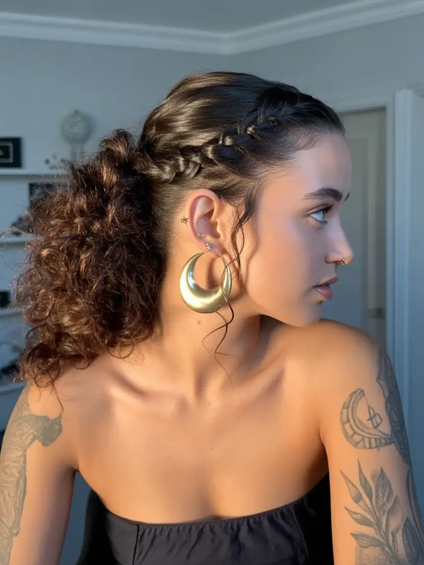 easy summer hairstyles 2025 Curly Side Ponytail with Dutch Braid Detail