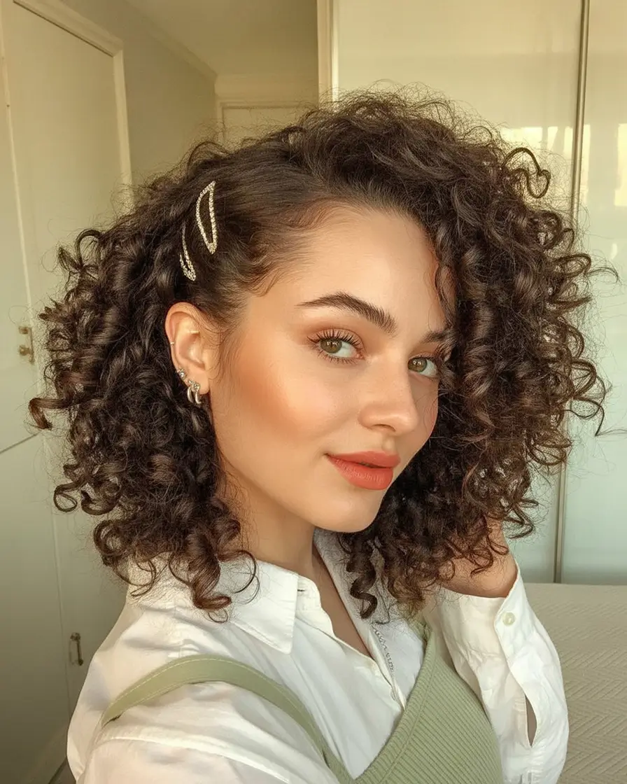 easy summer hairstyles 2025 Defined Curly Hair with Pearl Barrettes