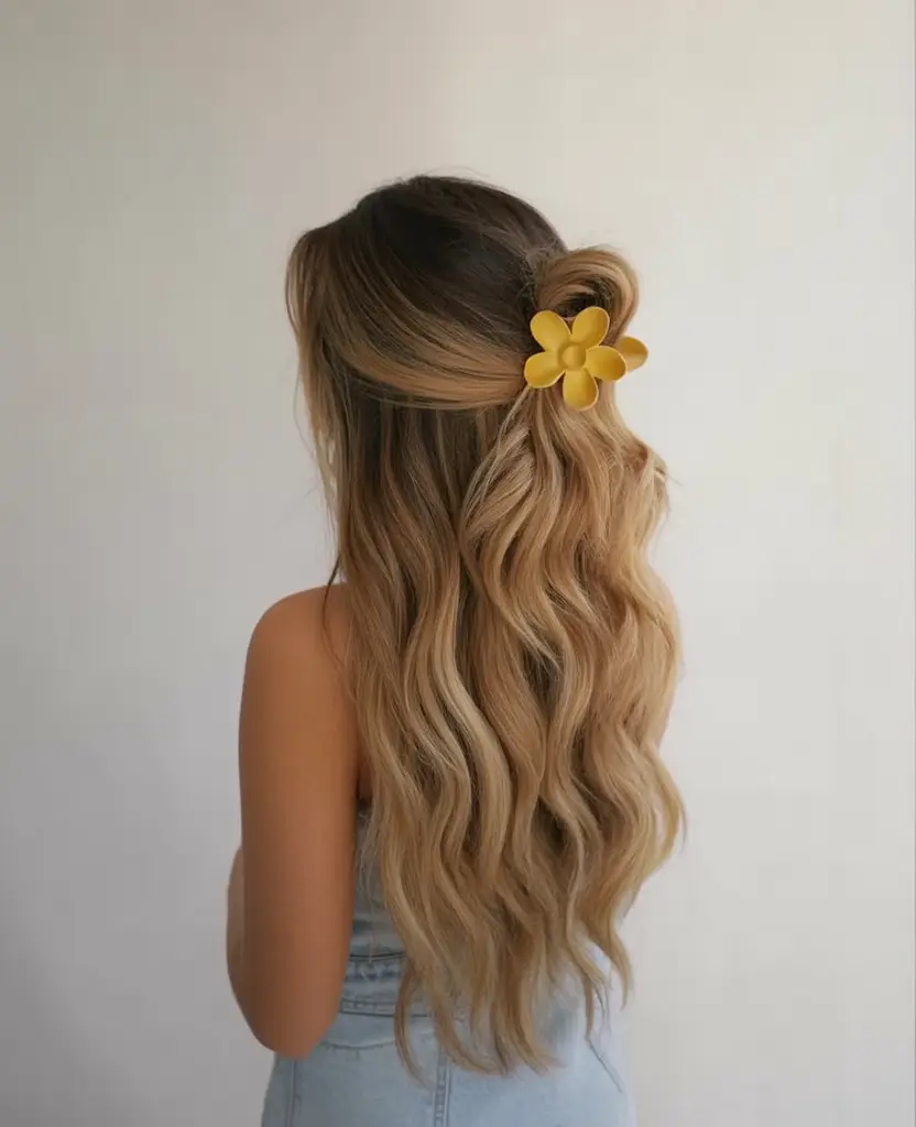 easy summer hairstyles 2025 Golden Waves with a Flower Clip