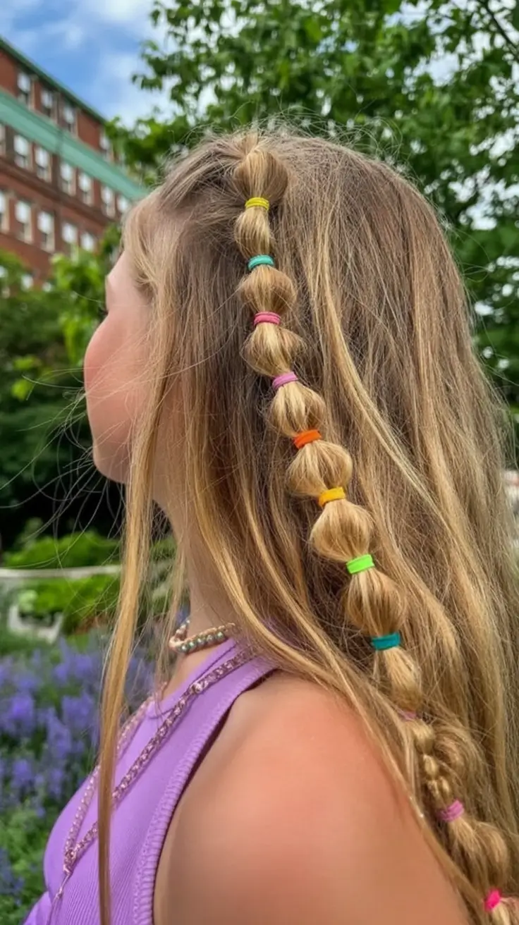 easy summer hairstyles 2025 Bubble Braids with Rainbow Elastics