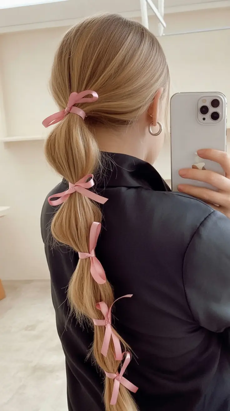 easy summer hairstyles 2025 Bubble Ponytail with Blush Pink Ribbons