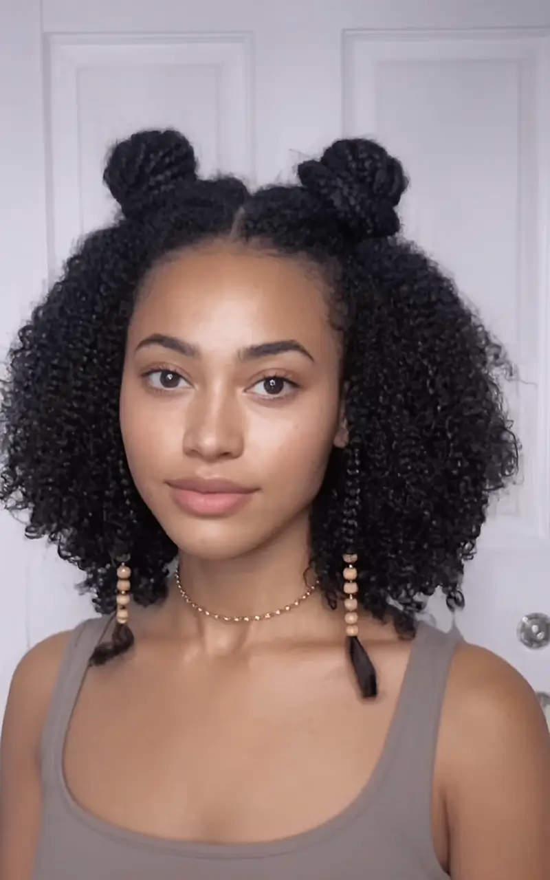 easy summer hairstyles 2025 Half-Up Braided Buns on Natural Texture