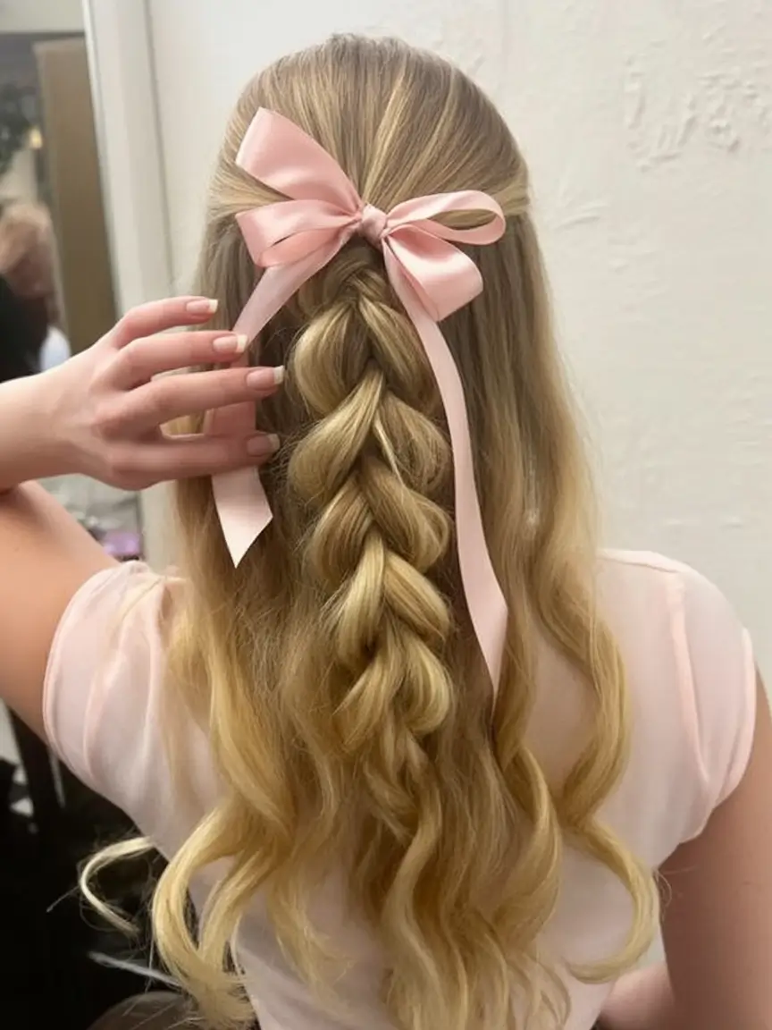 easy summer hairstyles 2025 Romantic Braided Half-Up with a Satin Bow