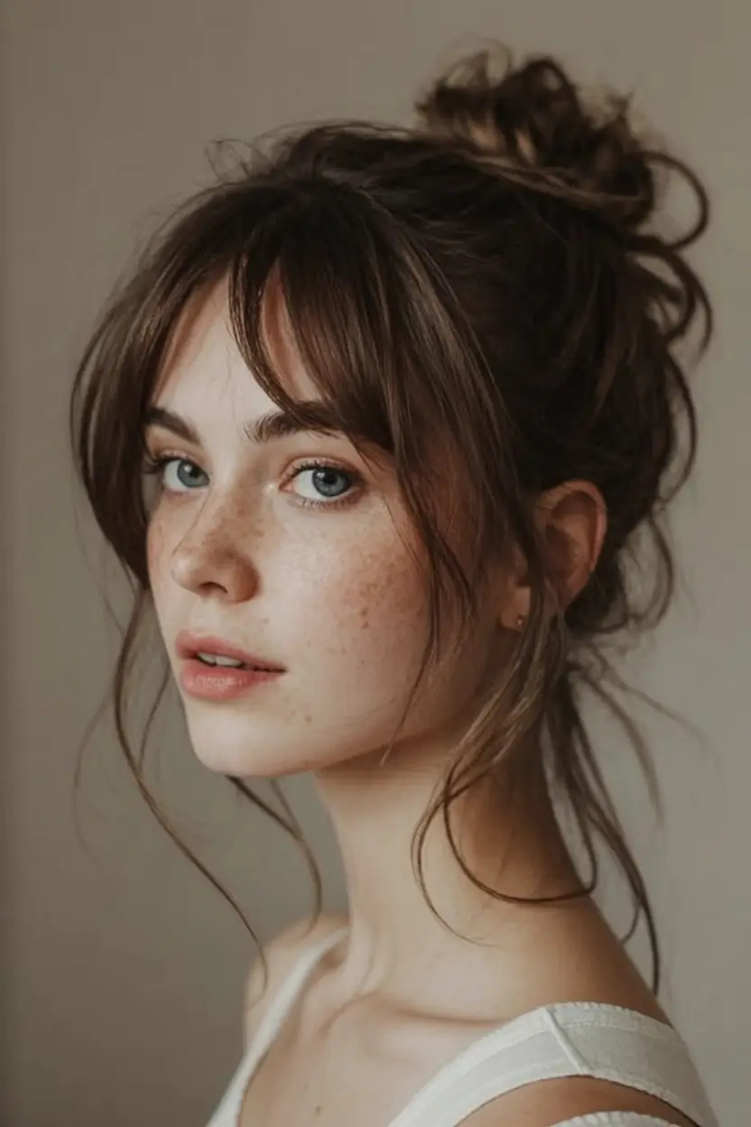 effortless natural hair inspiration for summer 2025! Messy Bun With Romantic Fringe