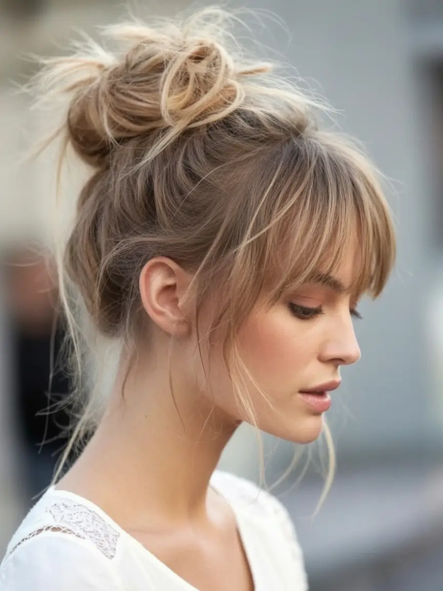 effortless natural hair inspiration for summer 2025! Layered Fringe Top Knot With Texture