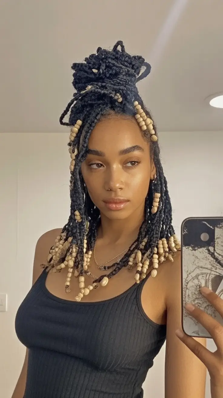 effortless natural hair inspiration for summer 2025! Beaded Box Braids With Top Knot