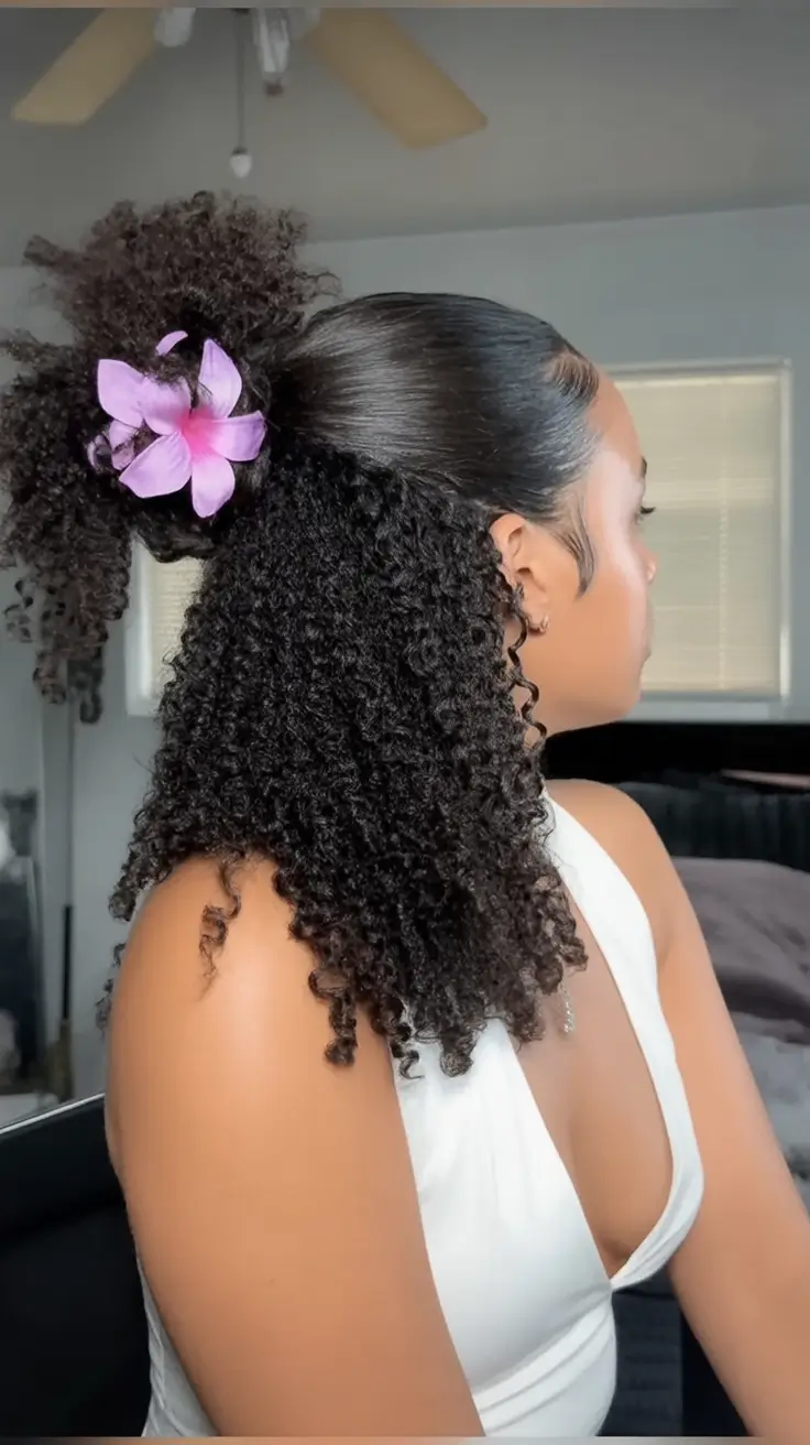 Effortless Natural Hair Inspiration for Summer 2025! Half-Up Curly Puff with Orchid Detail