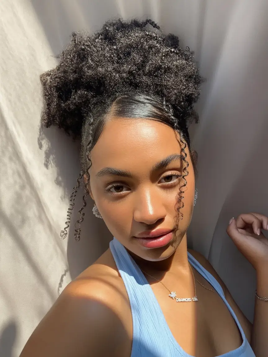 effortless natural hair inspiration for summer 2025! natural puff with curly tendrils