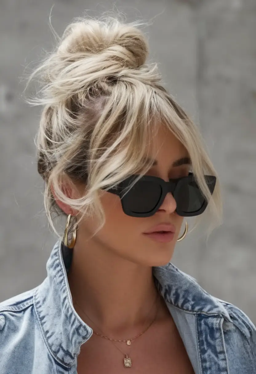 Effortless Summer Hairstyles 2025 Casual Blonde Messy Bun with Bangs