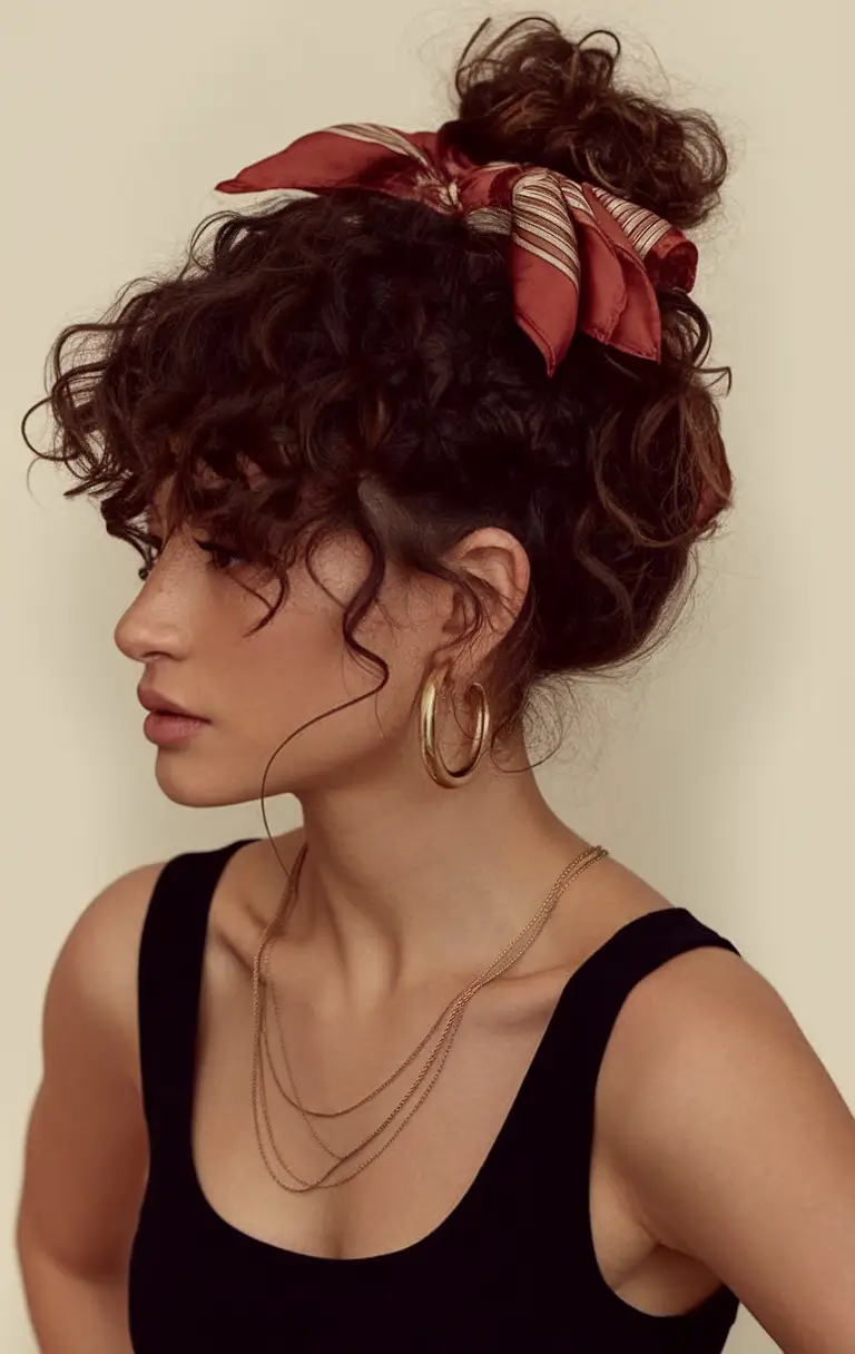 Effortless Summer Hairstyles 2025 Curly Bun With Scarf Accessory