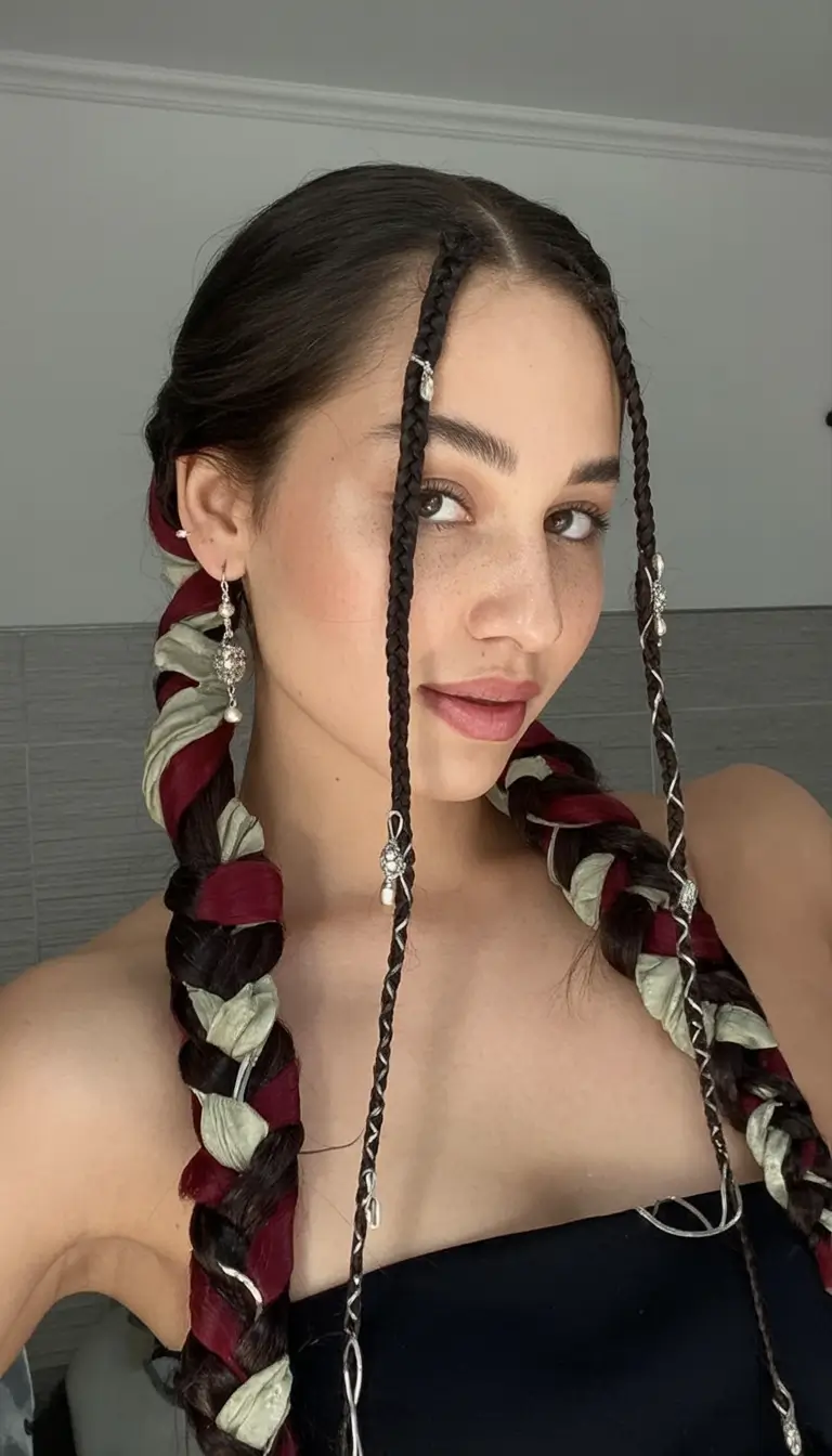 Effortless Summer Hairstyles 2025 Chunky Braids with Colored Ribbon