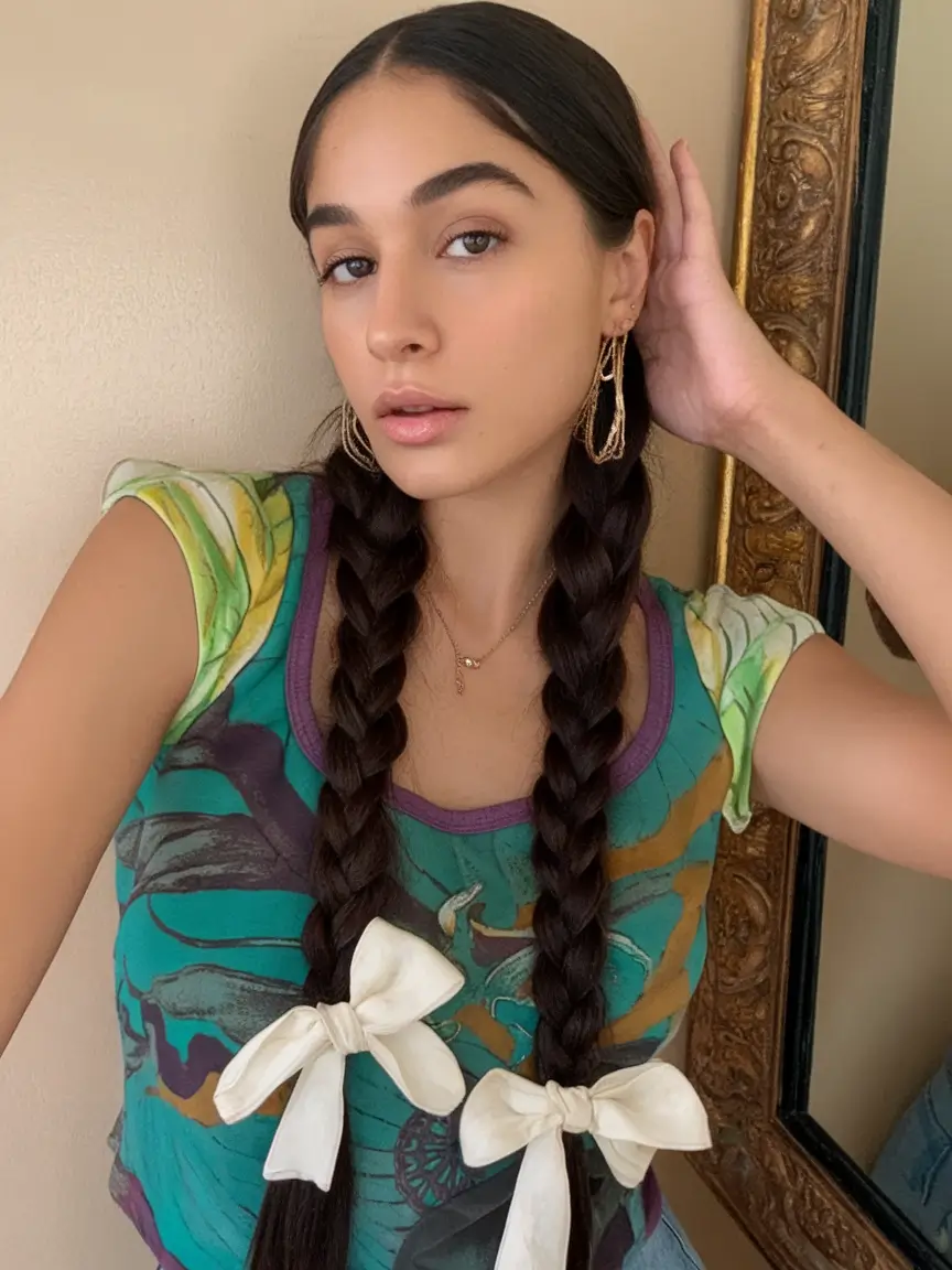 Effortless Summer Hairstyles 2025 Classic Twin Braids with Ribbon Bows