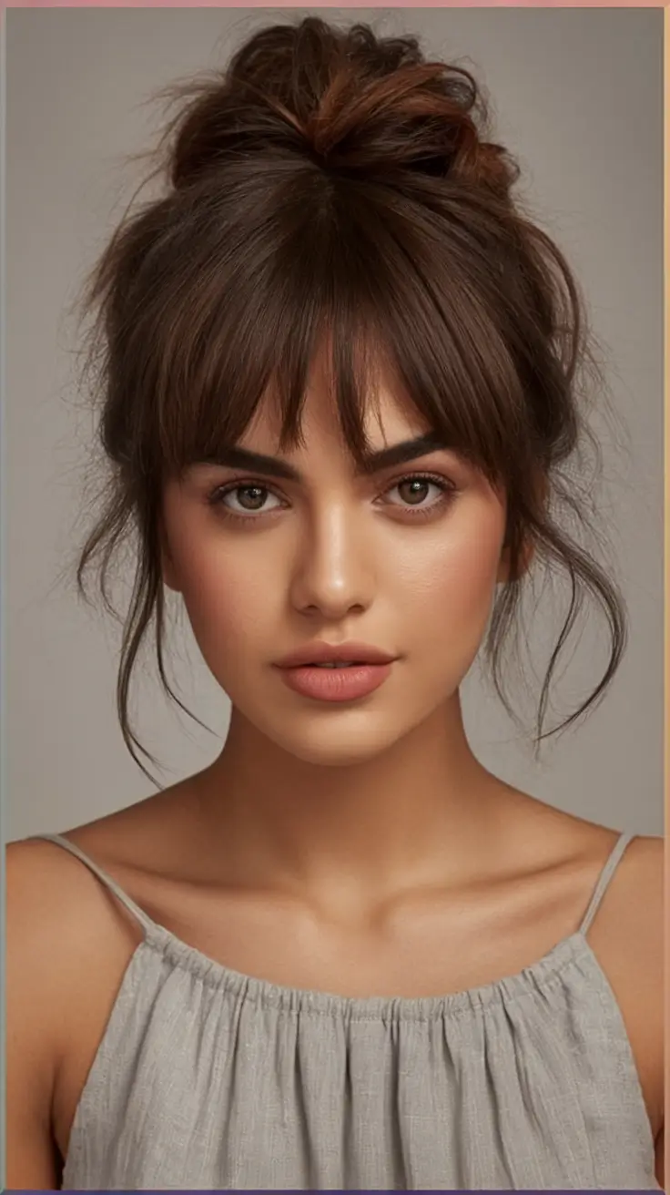 Effortless Summer Hairstyles 2025 Messy Top Knot with Bangs