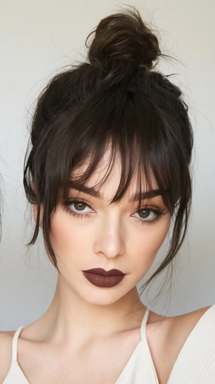Effortless Summer Hairstyles 2025 Wispy Bun with Bangs
