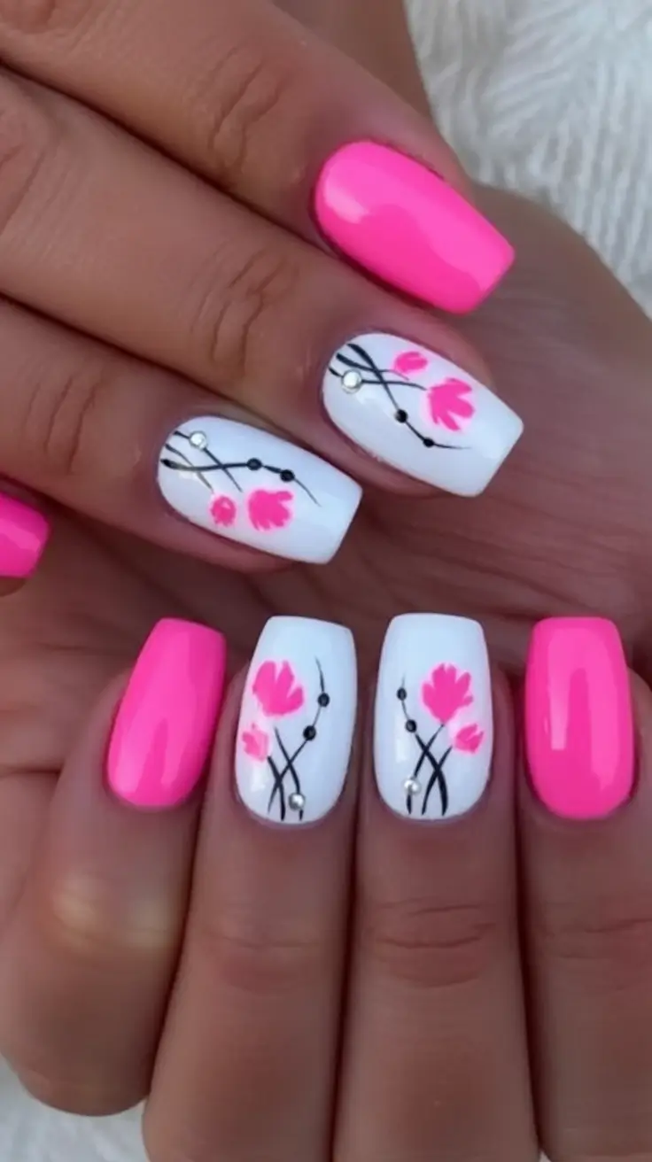 flower nails for summer 2025 glow Pink Linear Florals