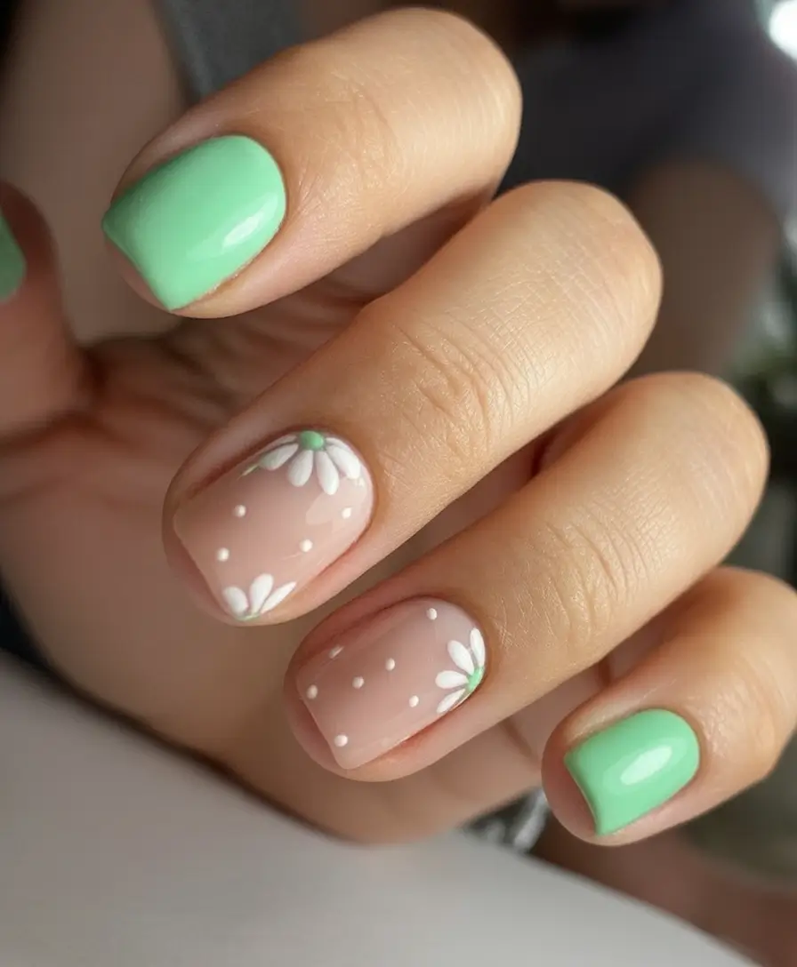 Flower Nails for Summer 2025 Glow Daisy Dots & Mint Leaves