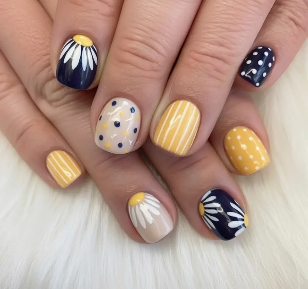 Flower Nails for Summer 2025 Glow Sunshine Daisies & Navy Polka