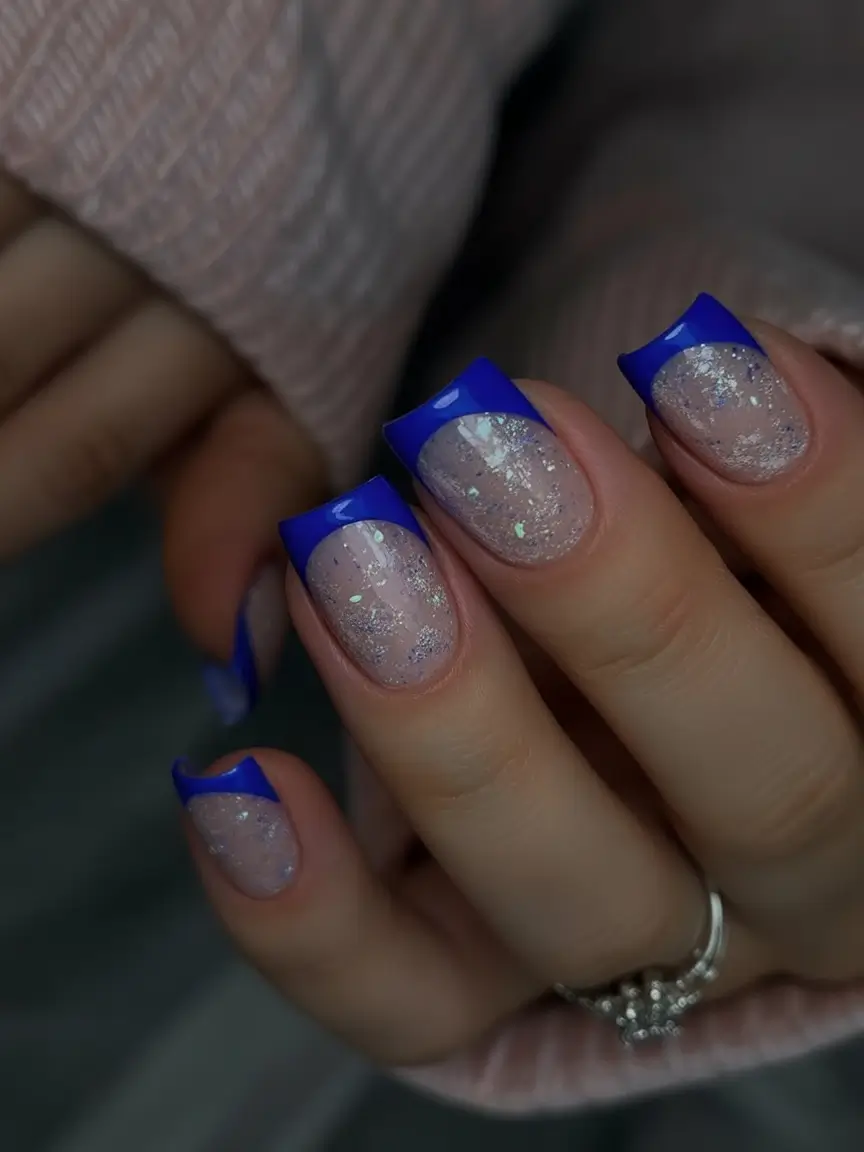 French Tips for Summer 2025 Starry Glaze with Cobalt Tips