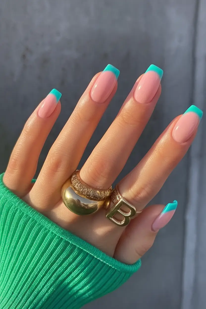 French Tips for Summer 2025 Turquoise Twist on Long Rounds