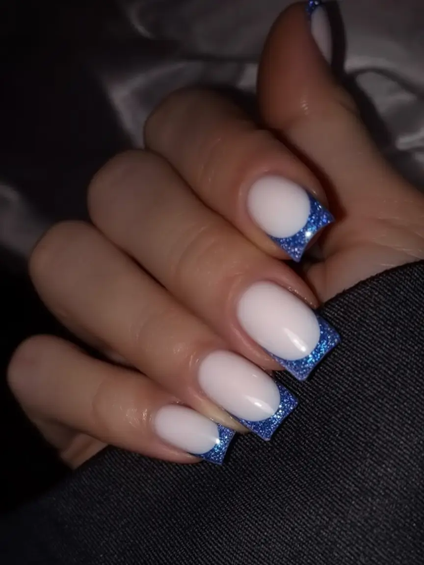 French Tips for Summer 2025 Electric Glitter Blue Fade