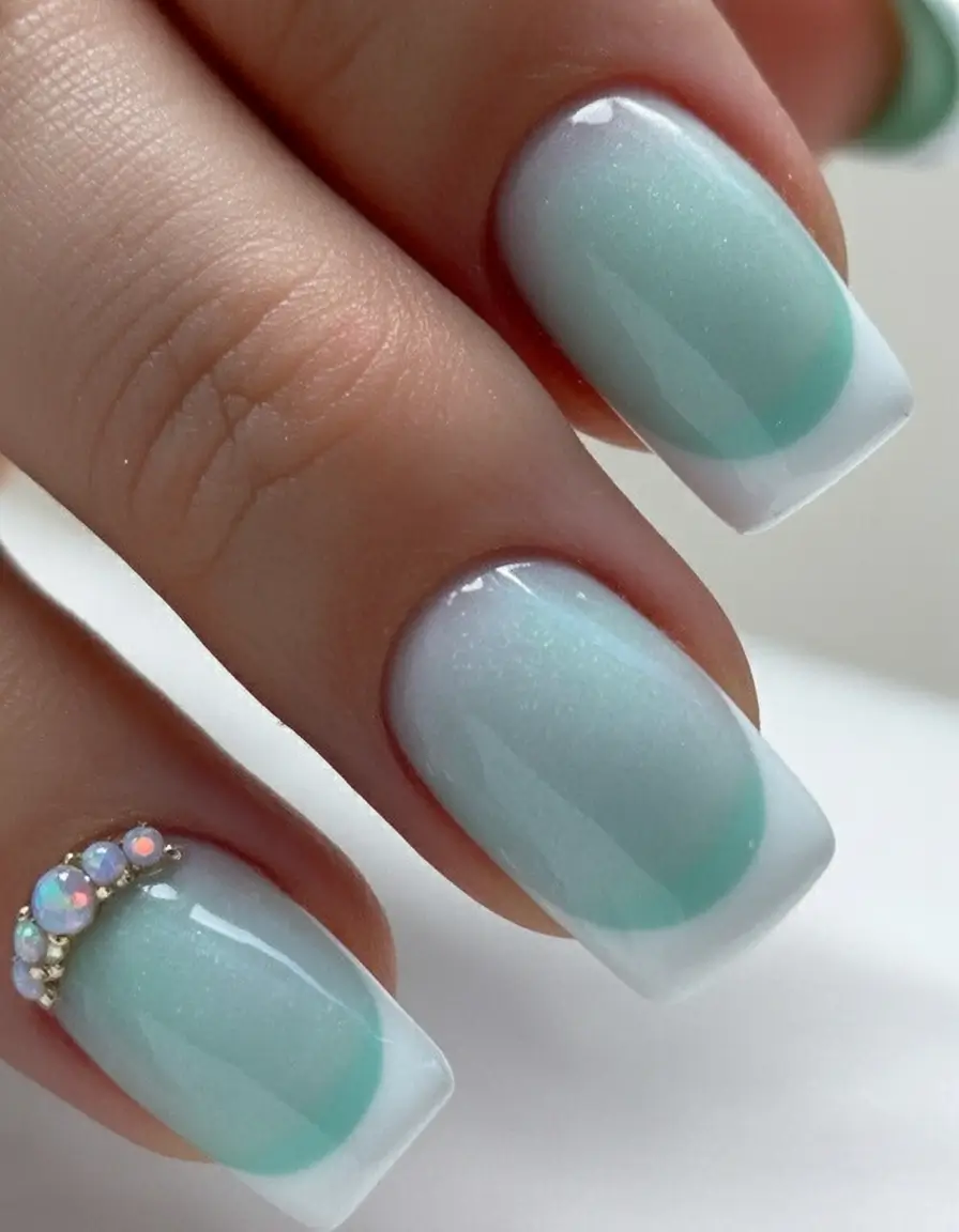 French Tips for Summer 2025 Ocean Mist with a Crystal Crown