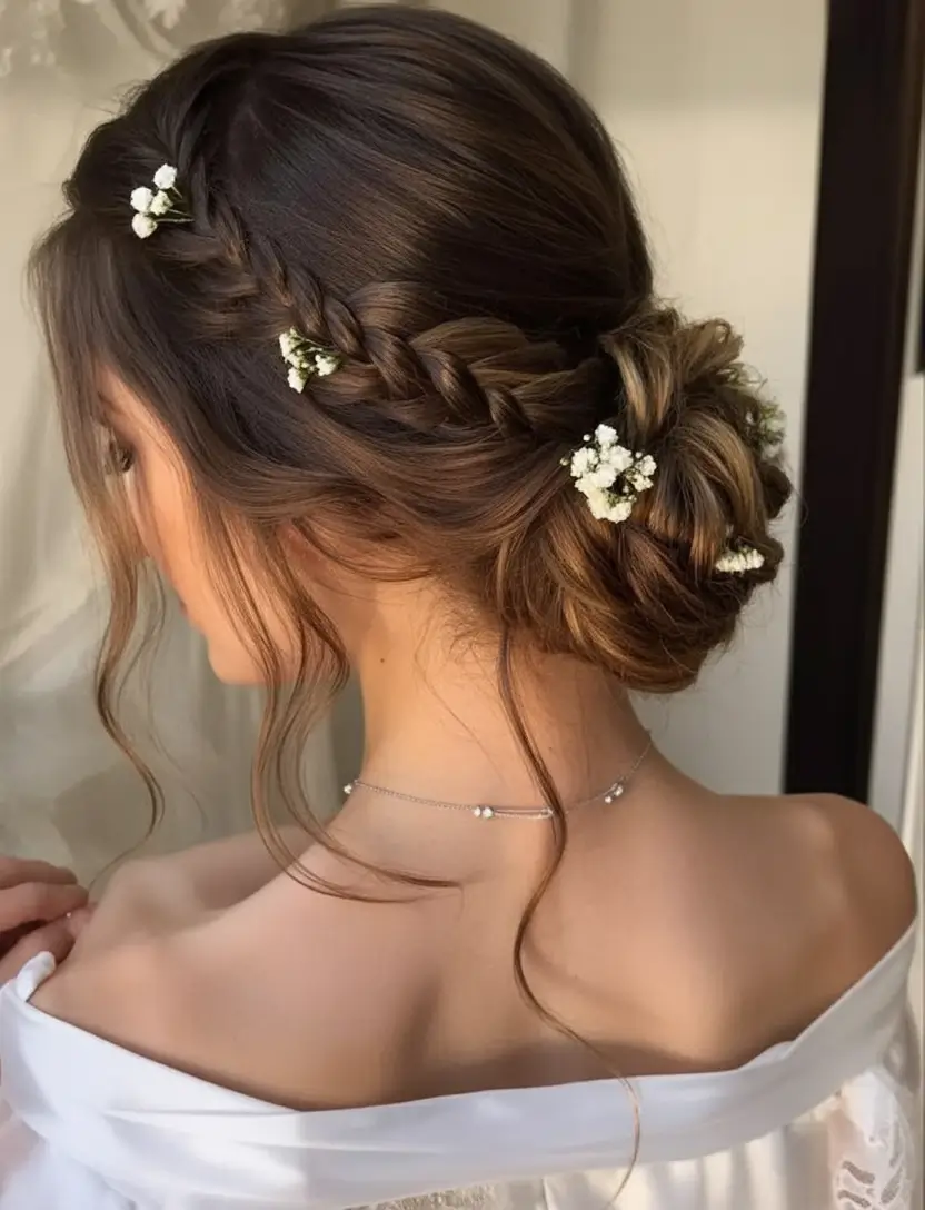 Fresh Trends: Simple Hairstyle for summer 2025 Romantic Braided Bun with Baby’s Breath