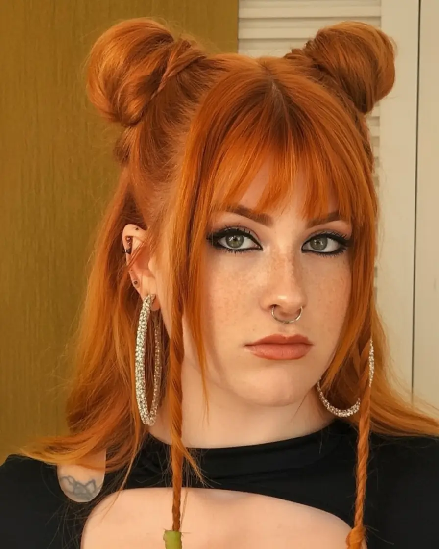 Fresh Trends: Simple Hairstyle for summer 2025 Spicy Copper Space Buns with Bangs