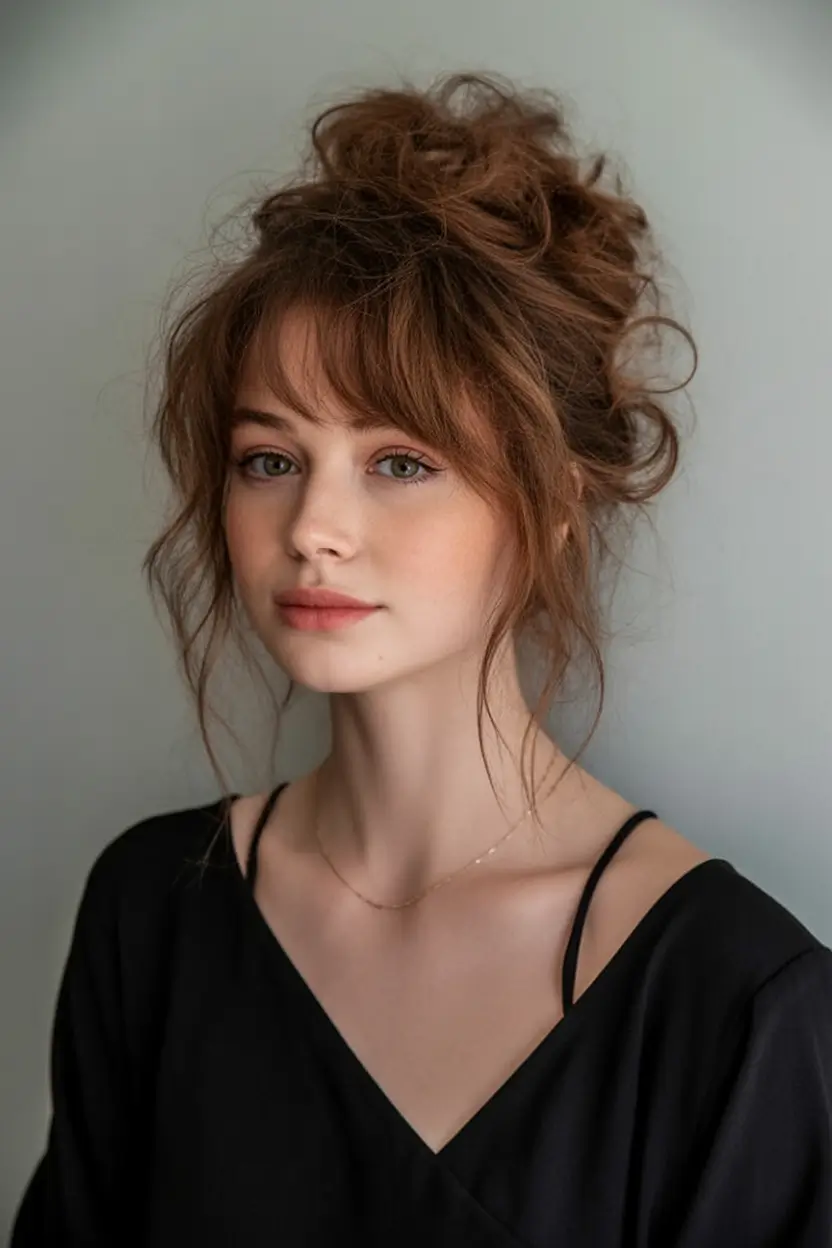 Fresh Trends: Simple Hairstyle for summer 2025 Messy Bun with Curtain Bangs and Texture