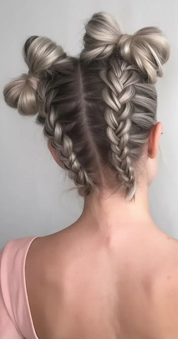 Fresh Trends: Simple Hairstyle for summer 2025 Space Buns with Twin Braids