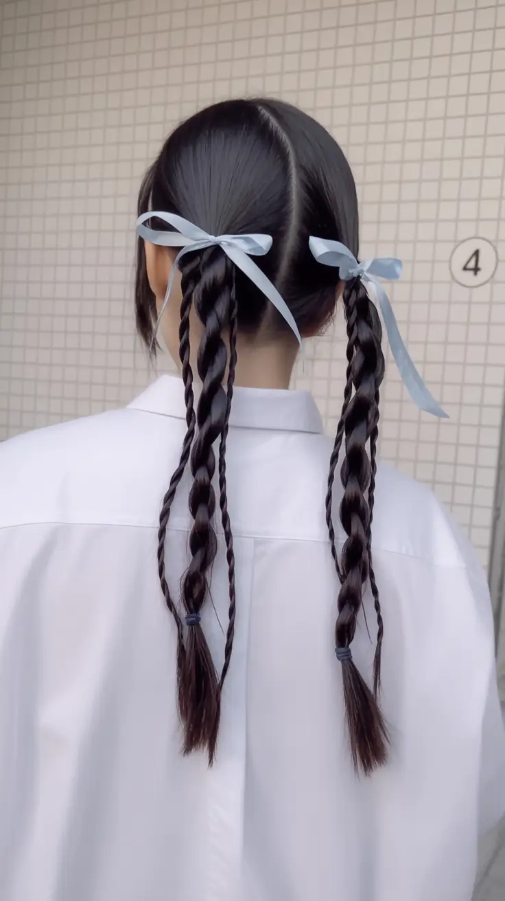 Fresh Trends: Simple Hairstyle for summer 2025 Ribbon-Tied Braided Pigtails