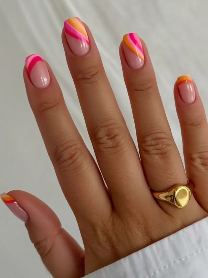 Fun Nail Art Ideas for 2025 Summer Sunset Swirl Tips