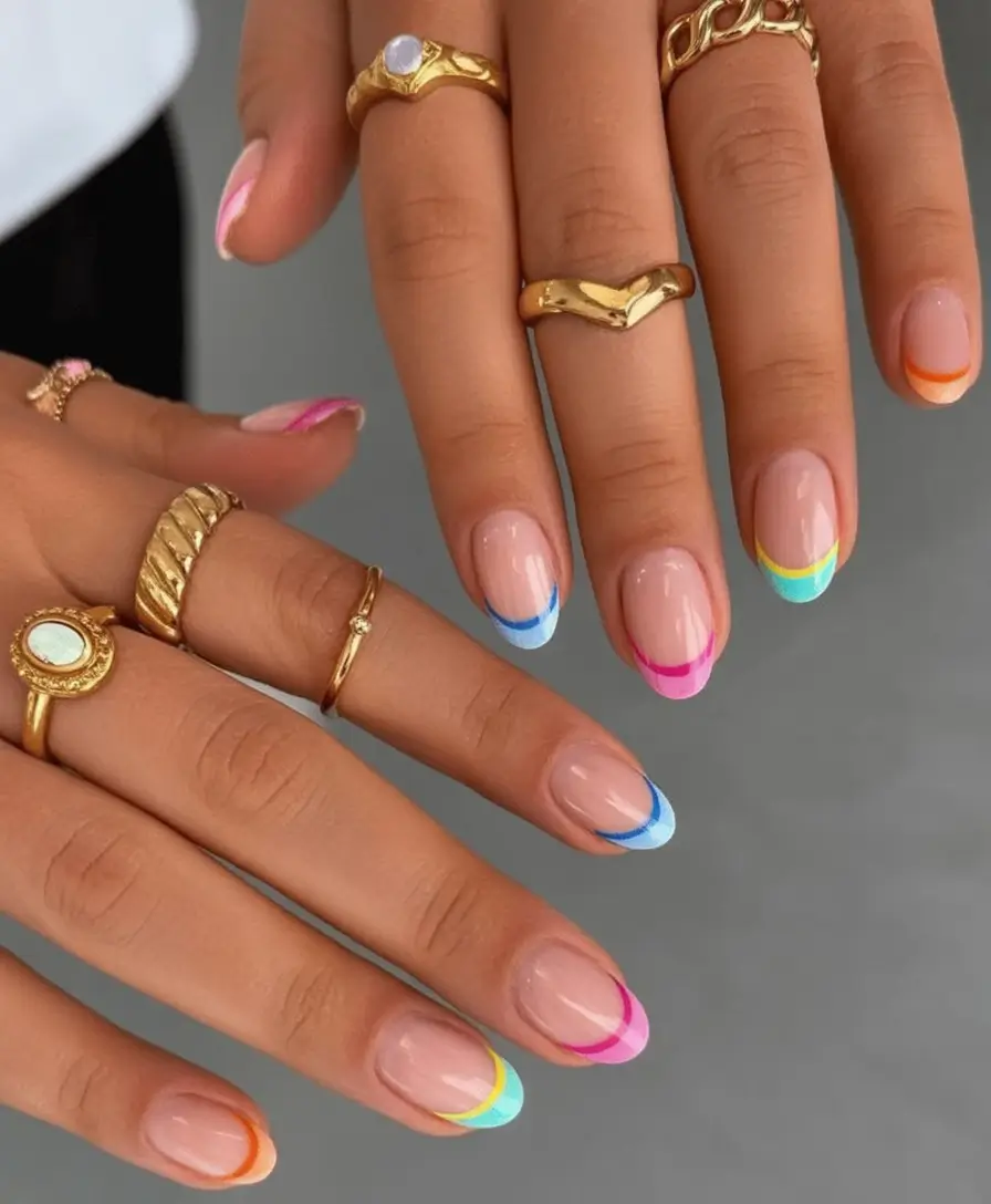 Fun Nail Art Ideas for 2025 Summer Retro Rainbow Tips