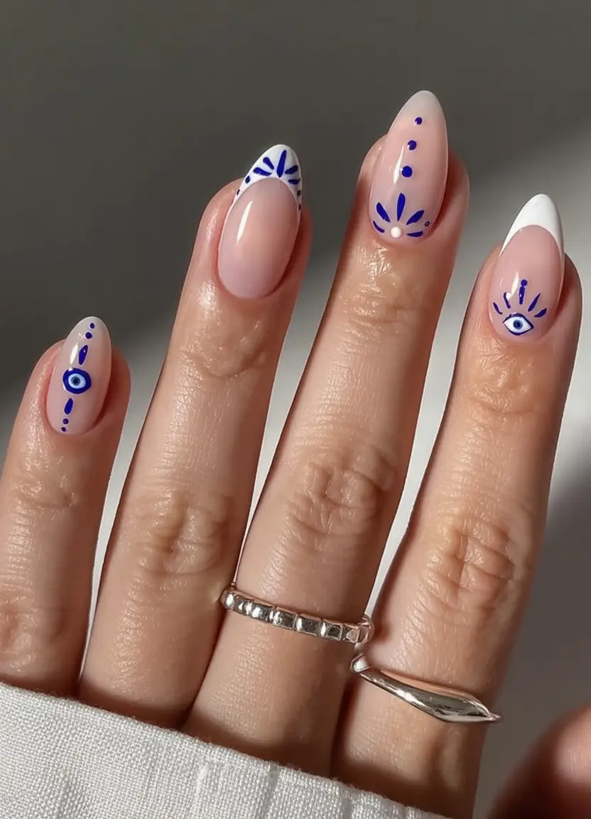 Fun Nail Art Ideas for 2025 Summer Indigo Evil Eye Tips