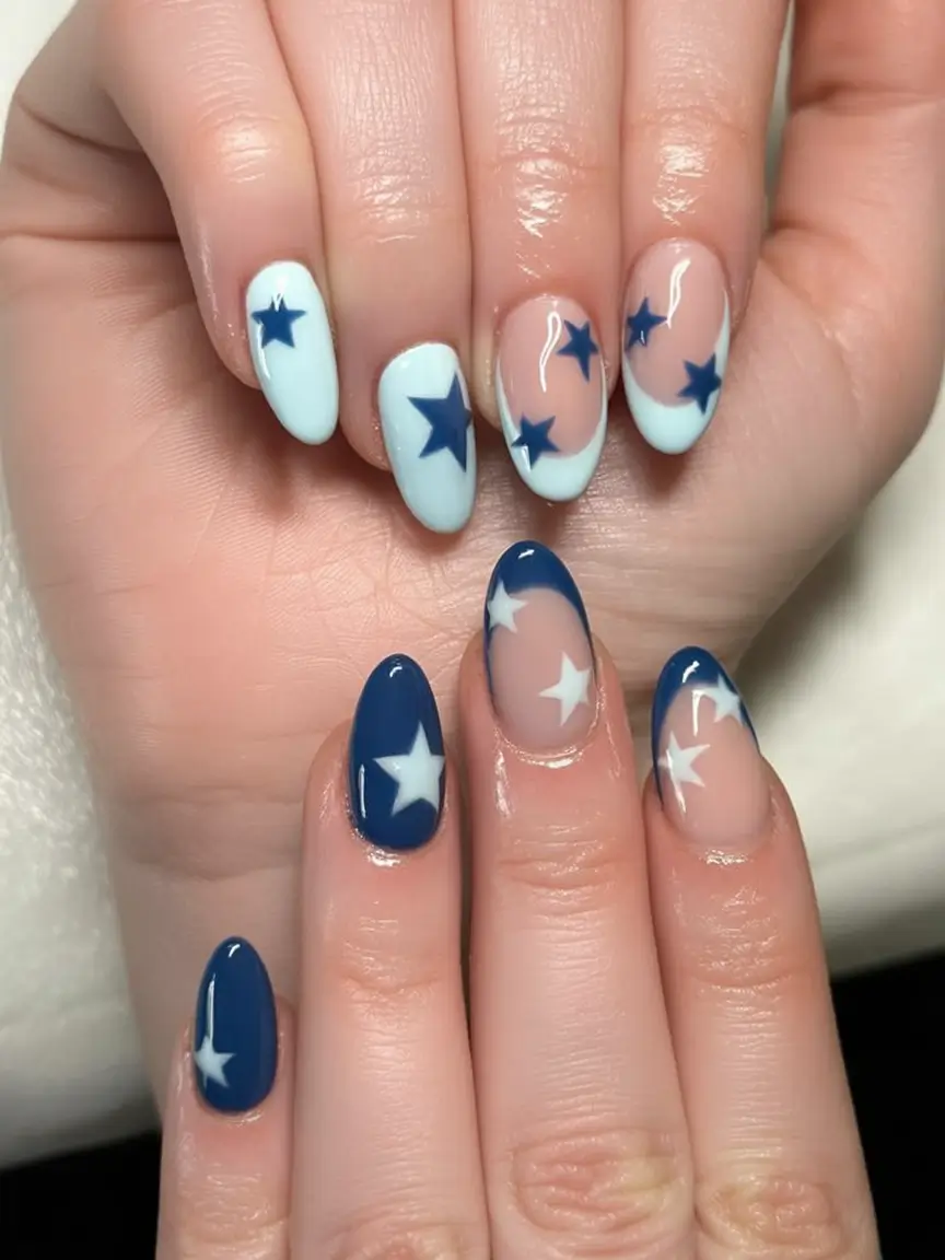Fun Nail Art Ideas for 2025 Summer Cosmic Navy Stardust