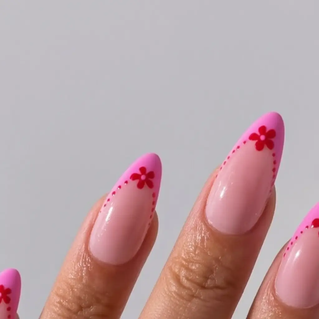 Fun Nail Art Ideas for 2025 Summer Bright Pink Florals with a Retro Twist
