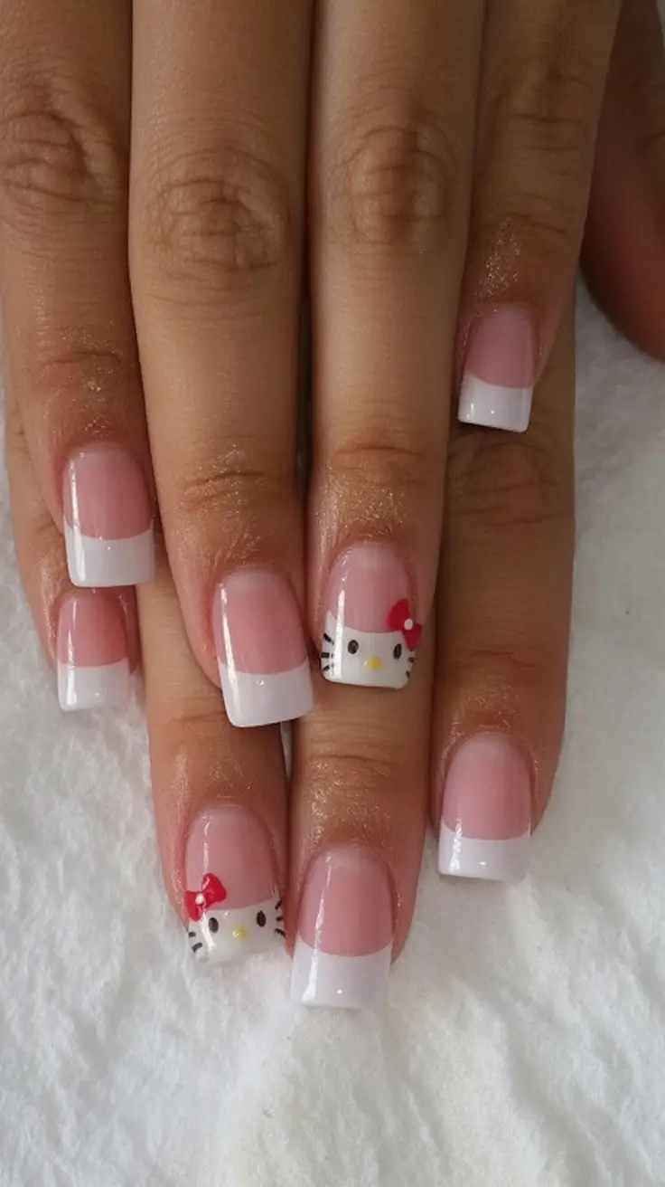 Fun Nail Art Ideas for 2025 Summer Hello Kitty Meets French Classic